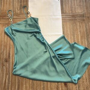 Teal Zara satin midi dress with decorative bead straps.
